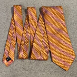 Ted Baker Men’s Silk Designer Neck Tie Orange Pink Gray Stripe Made in USA
